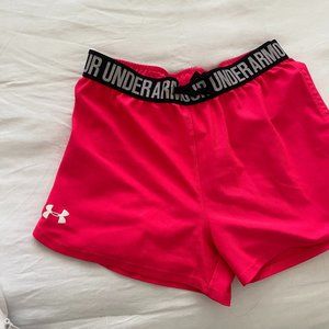 UNDER ARMOUR HEAT GEAR HOT PINK SHORTS WITH BLACK BAND SIZE YOUTH LARGE